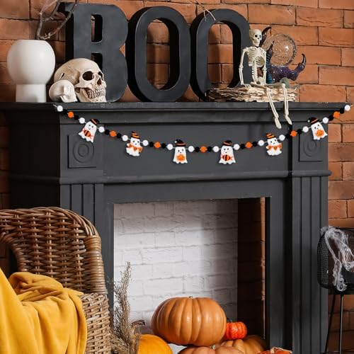 Whaline Halloween Felt Banner Cute 3D Ghost Hanging Garland Black Orange White Pom Ball Banner for Home Mantel Wall Window Decor Trick or Treat Party Supplies