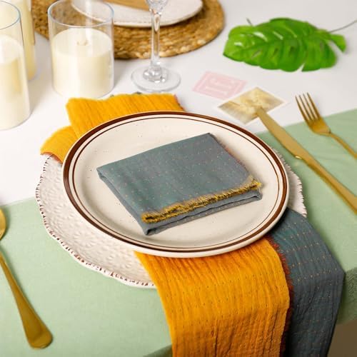 10 Pack Cloth Napkin Double-Layer 100% Cotton Table Dinner Napkins AB Surface Washable & Reusable Cloth with Elegant Fringe for Thanksgiving Day, Home Decor, Family Event Parties(Yellow-Grey)