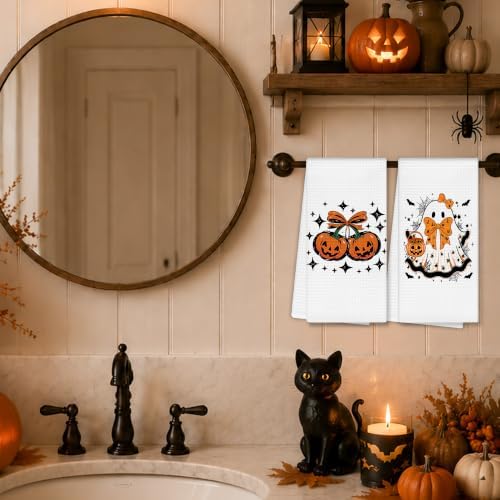 Halloween Pumpkin Fall Kitchen Towels, Coquette Orange Bow Ghost Pumpkin Fall Hand Towels for Bathroom Decor, Preppy Halloween Autumn Dishcloths Dish Towel for Kitchen 16x24 Inches Set of 2