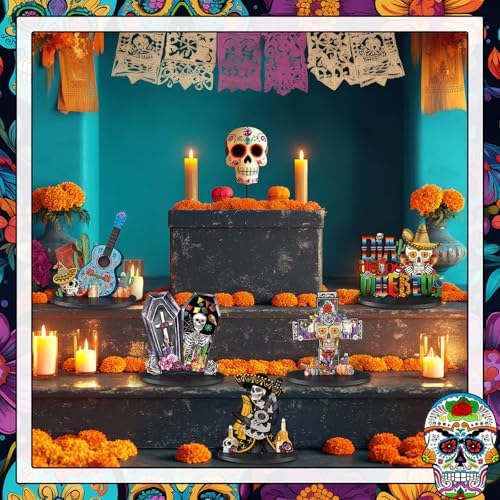 Wesiti 12 Pcs Dia De Los Muertos Table Decorations Wooden Sugar Skull Decor