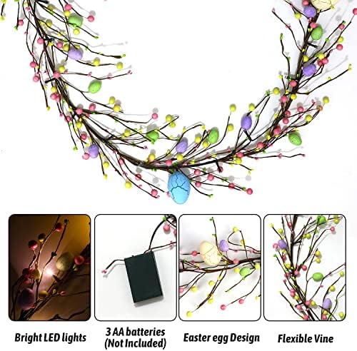 FOIMAS 6ft Lighted Easter Garland,Artificial Egg Hanging Garland with Lights Pip Berries for Easter Spring Party Fireplace Mantle Decoration Supply
