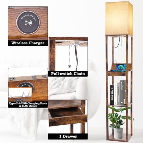 RUNTOP Floor Lamp with Shelves, Shelf Floor Lamp with Wireless Charger & 2 Charging USB Ports & Drawer, AC Outlet, 3