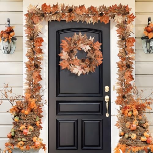 2 Pack 9 Ft Fall Garland with Lights & Timer, Thanksgiving Mantel Decor