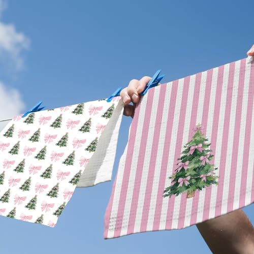 XPH Coquette Pink Bow Christmas Tree Kitchen Dish Towels Set of 2, Christmas Kitchen Gifts, Preppy Pink Bow Xmas Tree Hand Towels Tea Towel Decorations, Girly Bathroom Decor, 16x24inch