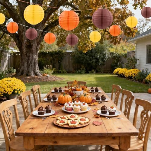 Fall Paper Lanterns, Yellow Orange Brown Thanksgiving Hanging Paper Lanterns for Autumn Harvest Birthday Bridal Shower Baby Shower Party Decor (9 PCS)