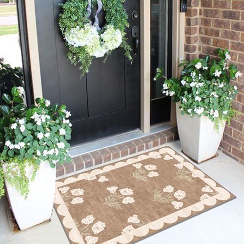 Front Door Mat Outside Entrance - 2x3 Floral Non-Slip Washable Doormat Indoor Outdoor Mat Tan Neutral Farmhouse