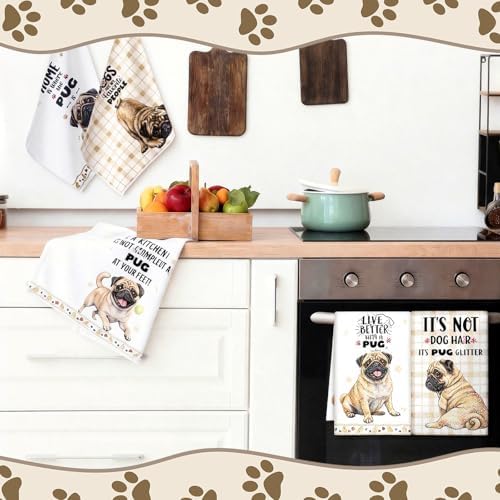 Redbaker 6 Pcs Pug Kitchen Towels Puppy Dish Towel Gifts for Pug Lovers