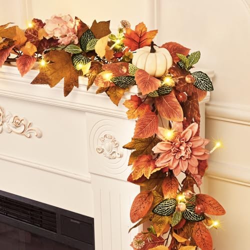 2 Pcs Fall Garland for Mantle, 6 FT Fall Garland with Lights