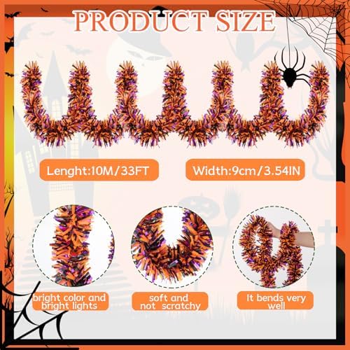 33FT Halloween Tinsel Garland, Black Purple Orange Metallic Twist Foil Tinsel Garland Shiny Hanging Decorations for Halloween Party Decoration Supply