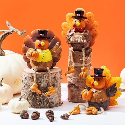 JOYIN 3 PCS Thanksgiving Turkey Tabletop Centerpiece, Resin Figurines for Fall Harvest, Autumn Home Decoration, Indoor Kitchen Decor & Party Supplies