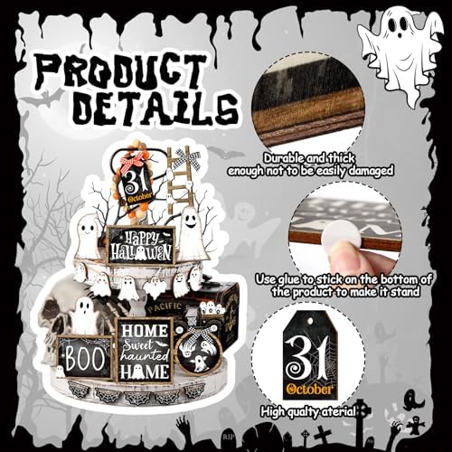 MiniInflat Halloween Tiered Tray Decorations Set, Wood, Ghost, Black White