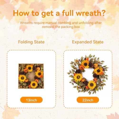 Pinkpum 20" Fall Wreath Front Door Pumpkin Sunflower Pine Cones Wall Decor