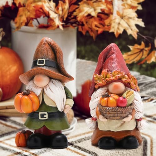 Hodao Fall Pumpkin Gnome Figurines, Thanksgiving Decorations, Set of 2