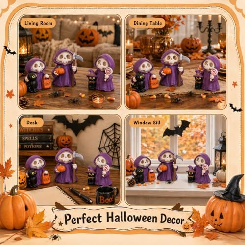 Halloween Decorations Indoor, 3 Pcs Witch Skeleton Statues for Table Mantel Shelf Decor Cute Spooky Halloween Figurines with Grim Reaper Witch Hat Black Cat, Pumpkin Skull Gothic Resin Tabletop Decor