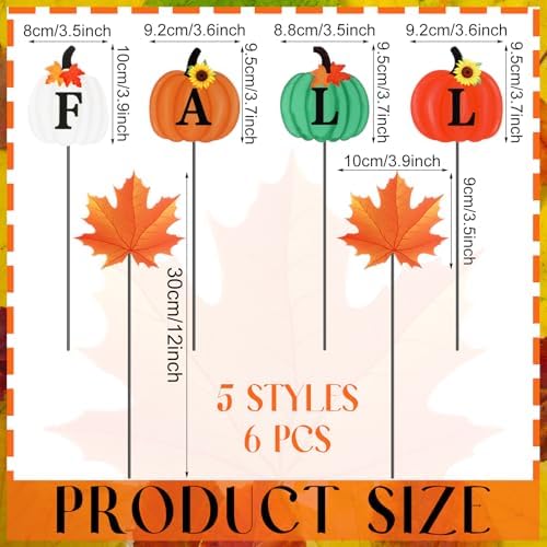 6 Pcs 12'' Fall Outdoor Decor Garden Stakes Fall Pumpkin Scarecrow Maple Leaves Metal Yard Sign Yard Stakes Outdoor Autumn Thanksgiving Decorations for Planter Lawn Patio Walkway Porch