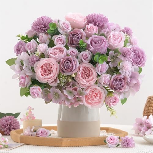 8 Pcs Mixed Artificial Peony Flowers Set-4 Bouquets & 4 Stems, Purple Fake Peony Rose Hydrangea Flower for Vase Silk Floral Arrangement for Table Centerpiece Wedding Party Bridal Decoration Home Decor