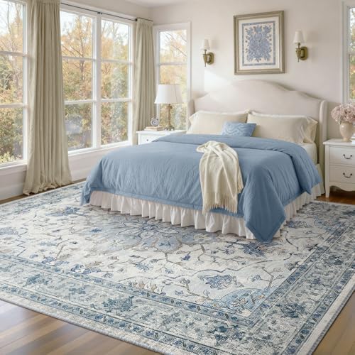 RELEANY Washable Area Rug, 6'x9', Blue/White/Gray