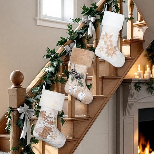 LUBOT 5 Pack Christmas Stockings Soft Large Family Xmas Stocking Set of 5 Embroidered 20" Modern Rustic Farmhouse Country Fireplace Hanging Christmas Decorations