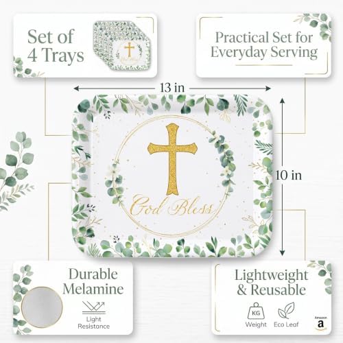 Vesici 4 Pack Eucalyptus God Bless Melamine Serving Trays, 13 x 10 Inch Rectangular Religious Decorative Platters with Gold Cross, Durable Serving Plates for Baptism, First Communion & Church Events