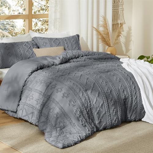 Bedsure Tufted Boho Comforter Set California King Size - Grey Boho Bed Set, GentleSoft™ 3 Pieces Farmhouse-Style