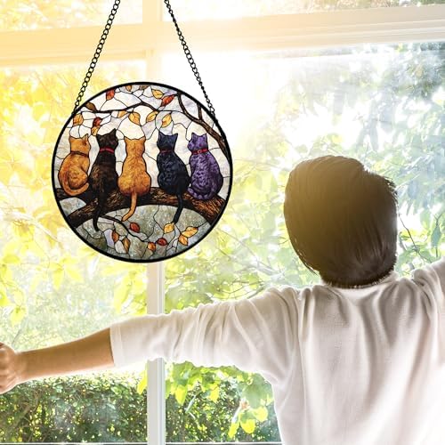 5 Cats on a Branch Stained Glass Window Hanging Suncatcher Gifts 9.8"