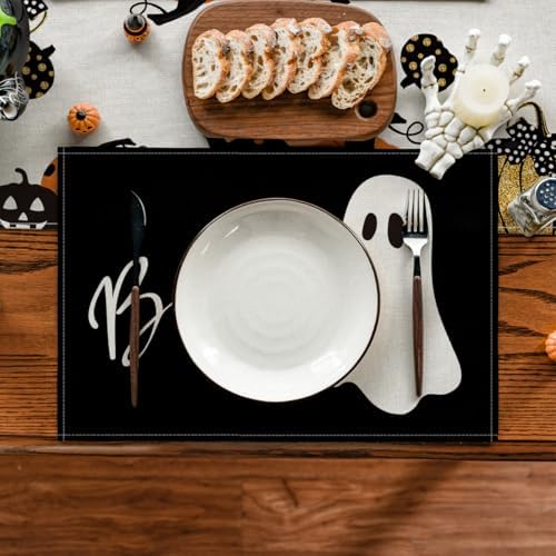 Artoid Mode Boo Ghost Halloween Placemats Set of 4, 12x18 Inch Seasonal Black Holiday Table Mats for Party Kitchen Dining Decoration