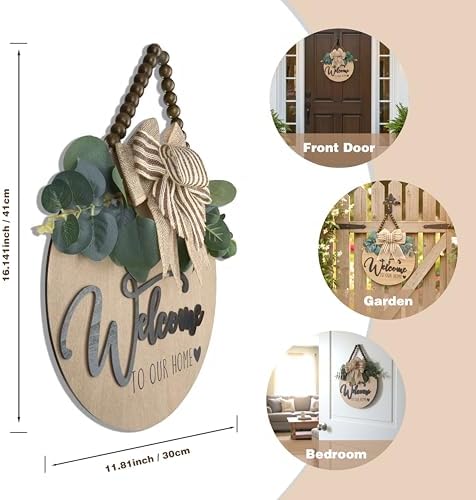 Condorpasea 3D Welcome Sign for Front Door | Home/Farmhouse Porch Décor Wooden Hanging Sign with Artificial Leaves and