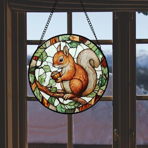 Red Squirrel with Acorn Stained Glass Window Hanging Suncatcher Gift 15"