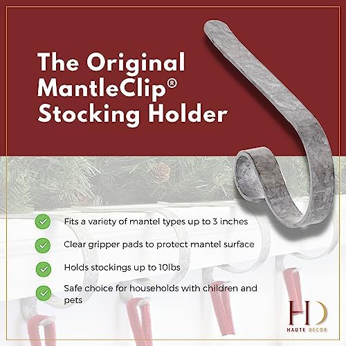Haute Decor The Original MantleClip Stocking Holder- 2 Pack (Galvanized Steel) - Steel Christmas Stocking Hanger Hook Adjusts to Fit Various Mantel Sizes and Styles