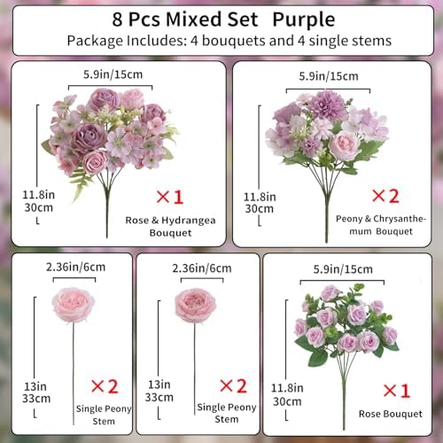 8 Pcs Mixed Artificial Peony Flowers Set-4 Bouquets & 4 Stems, Purple Fake Peony Rose Hydrangea Flower for Vase Silk Floral Arrangement for Table Centerpiece Wedding Party Bridal Decoration Home Decor