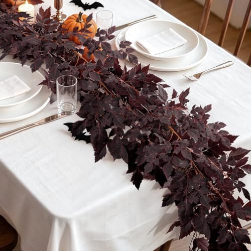 Fall Garland for Mantle, 2 Pack 7 Ft Plum Cimicifuga Seeded Leaf Garlands