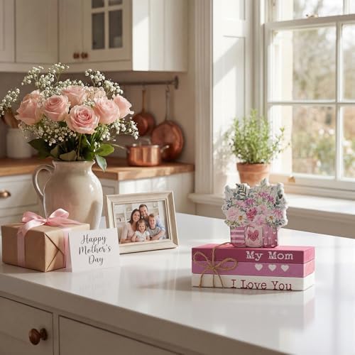 Smile 4pcs Mother's day Indoor Decorations Wooden Decor Table Centerpiece Love My Mom Wooden Plaque Ornaments for Home Kitchen