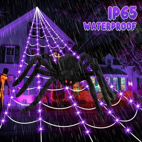 Halloween Decorations 16.4Ft Spider Web with LED Lights & 59" Giant Spider