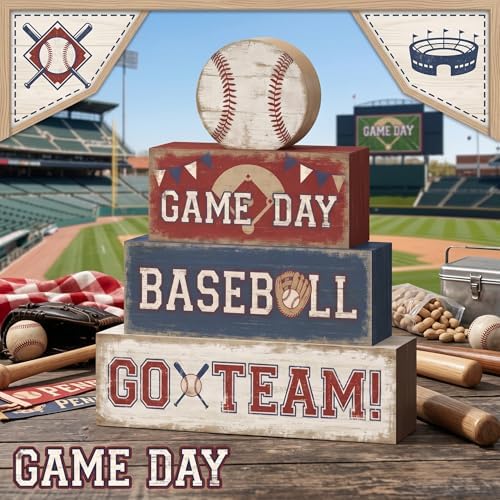 Britimes Tiered Tray Decor Set, 4 Pack, Wooden Table Sign, Baseball Sports