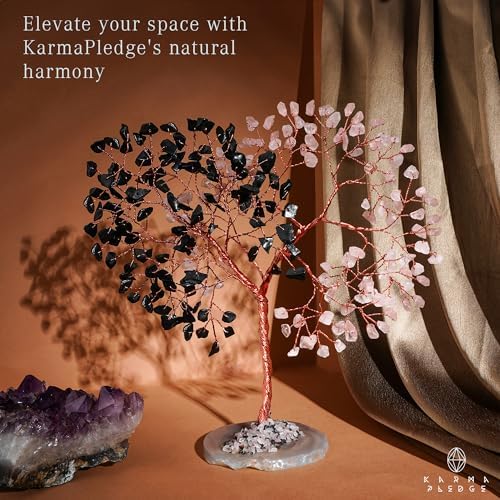 Handmade Healing Crystal Tree of Life Black Obsidian & Rose Quartz Chakra Tree for Money, Good Luck, Feng Shui Home