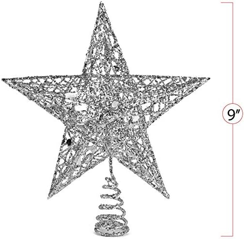Silver Star Christmas Tree Topper - Glitter Ornament Holiday Decoration 9"