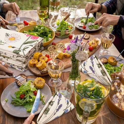 Funnymoom 36 Pcs Herbs Wildflowers Cloth Napkins Green Pink Reusable