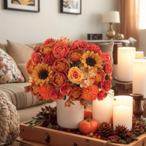 8 Pcs Mixed Autumn Artificial Peony Flower Set-4 Bouquets & 4 Stems, Orange Yellow Fake Peony Sunflower Rose Silk Flower for Fall Table Centerpiece Farm Wedding Thanksgiving Halloween Home Decor