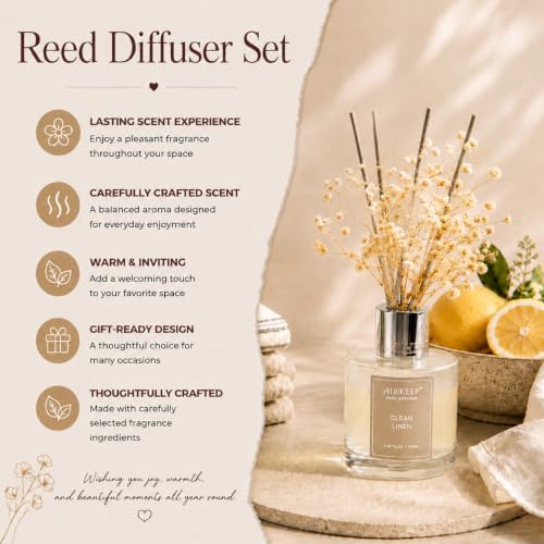 Airkeep Reed Diffuser Set,3.38 fl oz (100 ml) - Clean Linen Oil Diffusers with 8 Reed Sticks,Home Fragrance Reed