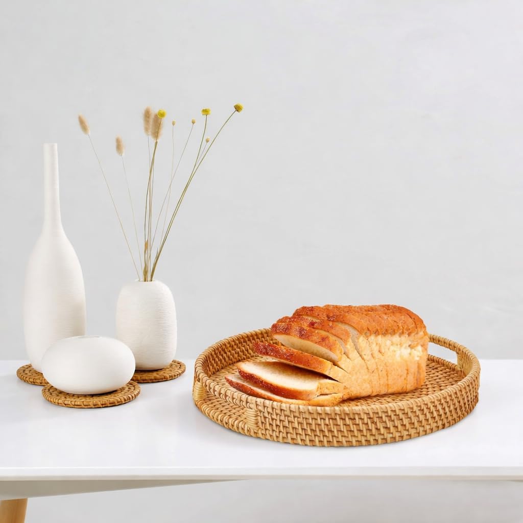Round Rattan Serving Tray Set