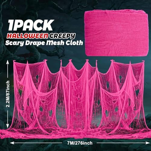 Whaline Halloween Pink Creepy Cloth 276 x 87 Inch Hot Pink Spooky Gauze Clothes Halloween Scary Decoration for Haunted Houses Party Supplies Indoor Outdoor