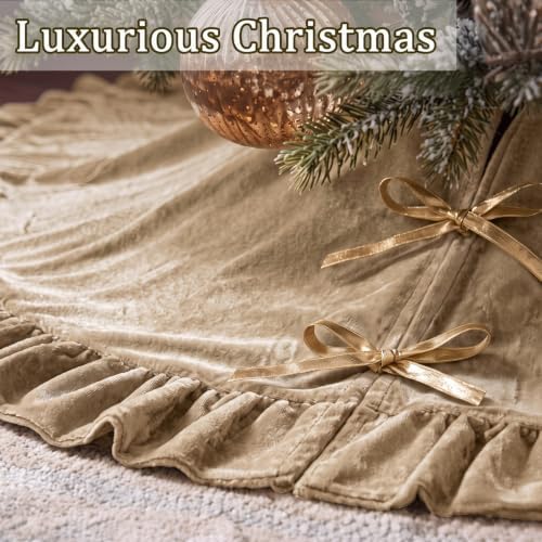 Velvet Christmas Tree Skirt, 60 Inches, Bow Style, Khaki