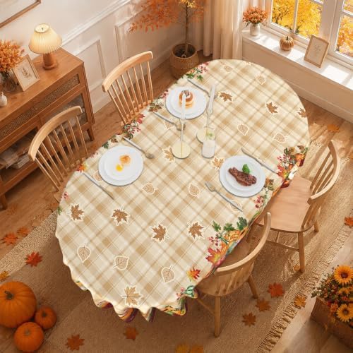 Fall Plaid Oval Tablecloth 60 x 102 Inch, Stain Resistant Washable Fabric Autumn Harvest Pumpkin Table Cloth Oval Fall Tablecloth Table Cover for Kitchen Dining Party