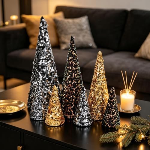 6 PCS 12" 10" 6" Christmas Sequin Cone Tree Decorations Black Gold Silver Glitter Tabletop Small Trees Tiered Tray Ornament for Xmas Gothic Halloween Farmhouse Mantel Shelf Table Home Party Tree Decor