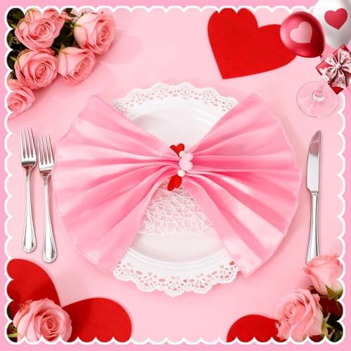 Qinyoung 8 Sets Valentine's Day Cloth Napkins and Heart Rings, Wooden Red Pink Napkins Rings Holders for Valentine's Day Wedding Anniversary Dinner Party Table Decoration
