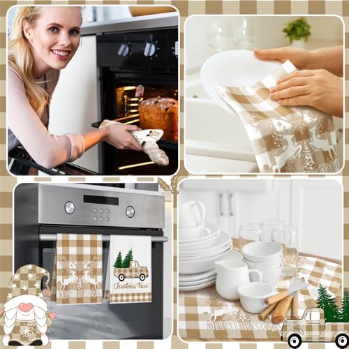 Sratte 6 Pcs Christmas Kitchen Towels Neutral Brown White Plaid Dish Towels