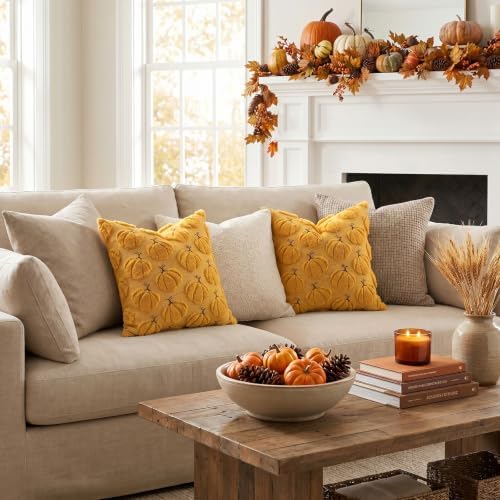 Artscope Pumpkin Fall Throw Pillow Covers 18x18 Set of 2, Autumn Soft Plush Faux Fur Decoration Cushion Covers for Thanksgiving Holiday Couch Sofa Bedroom Home Decor-Mustard Yellow
