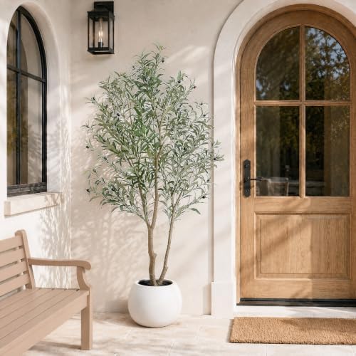 Faux Olive Trees Indoor, 7FT Tall Fake Olive Tree with Black Planter