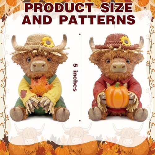 Simgoing 2 Pcs Fall Thanksgiving Highland Cow Resin Scarecrow Cow Decor