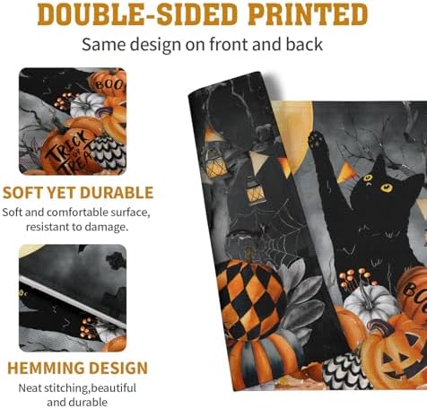 Black Cat Halloween Placemats Set of 4 Spooky Pumpkin Boo Bat Moon Horror Place Mats 12x18 Inch Seasonal Washable Linen Table Mat for Party Kitchen Dining Outdoor Indoor Decor